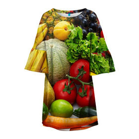 Детское платье 3D с принтом Богатый урожай в Санкт-Петербурге, 100% полиэстер | прямой силуэт, чуть расширенный к низу. Круглая горловина, на рукавах — воланы | Тематика изображения на принте: апельсин | баклажан | банан | богатый урожай | виноград | горох | еда | кабачок | капуста | картофель | лимон | морковь | овощи | огурец | перец | персик | помидор | слива | сочные плоды | томат | тыква