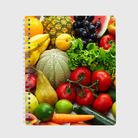 Тетрадь с принтом Богатый урожай в Санкт-Петербурге, 100% бумага | 48 листов, плотность листов — 60 г/м2, плотность картонной обложки — 250 г/м2. Листы скреплены сбоку удобной пружинной спиралью. Уголки страниц и обложки скругленные. Цвет линий — светло-серый
 | Тематика изображения на принте: апельсин | баклажан | банан | богатый урожай | виноград | горох | еда | кабачок | капуста | картофель | лимон | морковь | овощи | огурец | перец | персик | помидор | слива | сочные плоды | томат | тыква