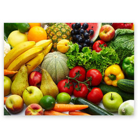 Поздравительная открытка с принтом Богатый урожай в Санкт-Петербурге, 100% бумага | плотность бумаги 280 г/м2, матовая, на обратной стороне линовка и место для марки
 | апельсин | баклажан | банан | богатый урожай | виноград | горох | еда | кабачок | капуста | картофель | лимон | морковь | овощи | огурец | перец | персик | помидор | слива | сочные плоды | томат | тыква