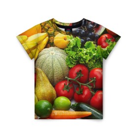 Детская футболка 3D с принтом Богатый урожай в Санкт-Петербурге, 100% гипоаллергенный полиэфир | прямой крой, круглый вырез горловины, длина до линии бедер, чуть спущенное плечо, ткань немного тянется | апельсин | баклажан | банан | богатый урожай | виноград | горох | еда | кабачок | капуста | картофель | лимон | морковь | овощи | огурец | перец | персик | помидор | слива | сочные плоды | томат | тыква