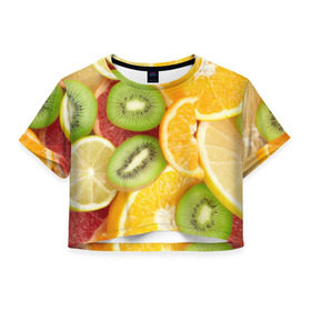 Женская футболка 3D укороченная с принтом Сочные фрукты в Санкт-Петербурге, 100% полиэстер | круглая горловина, длина футболки до линии талии, рукава с отворотами | апельсин | грейпфрут | десерт | дольки | киви | кусочки фруктов | лайм | лимон | разрез | сечение | фреш | фрукты | цитрусовые