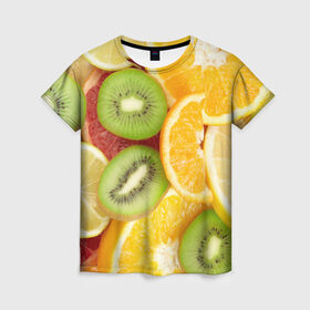 Женская футболка 3D с принтом Сочные фрукты в Санкт-Петербурге, 100% полиэфир ( синтетическое хлопкоподобное полотно) | прямой крой, круглый вырез горловины, длина до линии бедер | апельсин | грейпфрут | десерт | дольки | киви | кусочки фруктов | лайм | лимон | разрез | сечение | фреш | фрукты | цитрусовые
