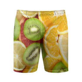 Мужские шорты 3D спортивные с принтом Сочные фрукты в Санкт-Петербурге,  |  | апельсин | грейпфрут | десерт | дольки | киви | кусочки фруктов | лайм | лимон | разрез | сечение | фреш | фрукты | цитрусовые