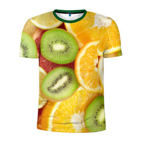 Мужская футболка 3D спортивная с принтом Сочные фрукты в Санкт-Петербурге, 100% полиэстер с улучшенными характеристиками | приталенный силуэт, круглая горловина, широкие плечи, сужается к линии бедра | апельсин | грейпфрут | десерт | дольки | киви | кусочки фруктов | лайм | лимон | разрез | сечение | фреш | фрукты | цитрусовые