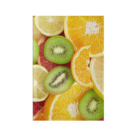 Обложка для паспорта матовая кожа с принтом Сочные фрукты в Санкт-Петербурге, натуральная матовая кожа | размер 19,3 х 13,7 см; прозрачные пластиковые крепления | апельсин | грейпфрут | десерт | дольки | киви | кусочки фруктов | лайм | лимон | разрез | сечение | фреш | фрукты | цитрусовые