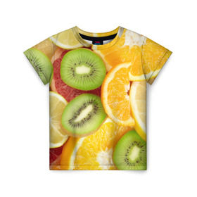 Детская футболка 3D с принтом Сочные фрукты в Санкт-Петербурге, 100% гипоаллергенный полиэфир | прямой крой, круглый вырез горловины, длина до линии бедер, чуть спущенное плечо, ткань немного тянется | апельсин | грейпфрут | десерт | дольки | киви | кусочки фруктов | лайм | лимон | разрез | сечение | фреш | фрукты | цитрусовые