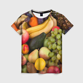 Женская футболка 3D с принтом Спелые фрукты в Санкт-Петербурге, 100% полиэфир ( синтетическое хлопкоподобное полотно) | прямой крой, круглый вырез горловины, длина до линии бедер | ананас | арбуз | банан | богатый урожай | виноград | горох | груша | еда | капуста | картофель | лук | морковь | овощи | огурец | перец | персик | слива | сочные плоды | томат | фасоль | фрукты | яблоко