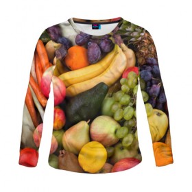 Женский лонгслив 3D с принтом Спелые фрукты в Санкт-Петербурге, 100% полиэстер | длинные рукава, круглый вырез горловины, полуприлегающий силуэт | ананас | арбуз | банан | богатый урожай | виноград | горох | груша | еда | капуста | картофель | лук | морковь | овощи | огурец | перец | персик | слива | сочные плоды | томат | фасоль | фрукты | яблоко