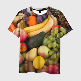Мужская футболка 3D с принтом Спелые фрукты в Санкт-Петербурге, 100% полиэфир | прямой крой, круглый вырез горловины, длина до линии бедер | Тематика изображения на принте: ананас | арбуз | банан | богатый урожай | виноград | горох | груша | еда | капуста | картофель | лук | морковь | овощи | огурец | перец | персик | слива | сочные плоды | томат | фасоль | фрукты | яблоко