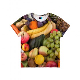 Детская футболка 3D с принтом Спелые фрукты в Санкт-Петербурге, 100% гипоаллергенный полиэфир | прямой крой, круглый вырез горловины, длина до линии бедер, чуть спущенное плечо, ткань немного тянется | ананас | арбуз | банан | богатый урожай | виноград | горох | груша | еда | капуста | картофель | лук | морковь | овощи | огурец | перец | персик | слива | сочные плоды | томат | фасоль | фрукты | яблоко
