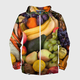 Мужская ветровка 3D с принтом Спелые фрукты в Санкт-Петербурге, 100% полиэстер | подол и капюшон оформлены резинкой с фиксаторами, два кармана без застежек по бокам, один потайной карман на груди | ананас | арбуз | банан | богатый урожай | виноград | горох | груша | еда | капуста | картофель | лук | морковь | овощи | огурец | перец | персик | слива | сочные плоды | томат | фасоль | фрукты | яблоко