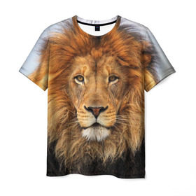 Мужская футболка 3D с принтом Красавец лев в Санкт-Петербурге, 100% полиэфир | прямой крой, круглый вырез горловины, длина до линии бедер | lion | грива | дикая кошка | добыча | животное | зверь | клыки | когти | король джунглей | лев | мясо | хищник | царь зверей