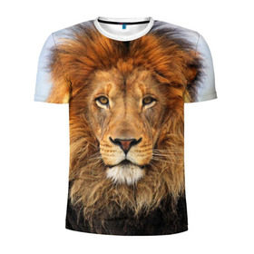 Мужская футболка 3D спортивная с принтом Красавец лев в Санкт-Петербурге, 100% полиэстер с улучшенными характеристиками | приталенный силуэт, круглая горловина, широкие плечи, сужается к линии бедра | lion | грива | дикая кошка | добыча | животное | зверь | клыки | когти | король джунглей | лев | мясо | хищник | царь зверей