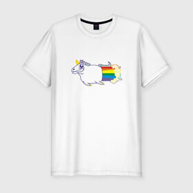 Мужская футболка премиум с принтом Радужный Единорожек в Санкт-Петербурге, 92% хлопок, 8% лайкра | приталенный силуэт, круглый вырез ворота, длина до линии бедра, короткий рукав | единорог | лошадь | радуга