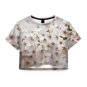 Женская футболка 3D укороченная с принтом Весеннее цветение в Санкт-Петербурге, 100% полиэстер | круглая горловина, длина футболки до линии талии, рукава с отворотами | белый | весна | лепестки | прикольные картинки | цветочки | цветы