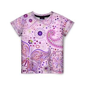 Детская футболка 3D с принтом Lady Butterfly в Санкт-Петербурге, 100% гипоаллергенный полиэфир | прямой крой, круглый вырез горловины, длина до линии бедер, чуть спущенное плечо, ткань немного тянется | винтаж | воздушный | индийские | кружева | новинки | узор | цветок | цветочный | этнические