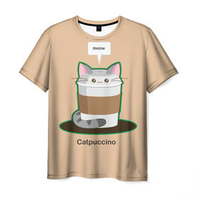 Мужская футболка 3D с принтом Catpuccino в Санкт-Петербурге, 100% полиэфир | прямой крой, круглый вырез горловины, длина до линии бедер | Тематика изображения на принте: capuccino | cat | catpuccino | meow | капуччино | кот | котпуччино | кофе | мяу | стакан