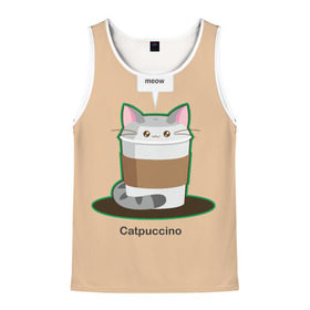 Мужская майка 3D с принтом Catpuccino в Санкт-Петербурге, 100% полиэстер | круглая горловина, приталенный силуэт, длина до линии бедра. Пройма и горловина окантованы тонкой бейкой | Тематика изображения на принте: capuccino | cat | catpuccino | meow | капуччино | кот | котпуччино | кофе | мяу | стакан