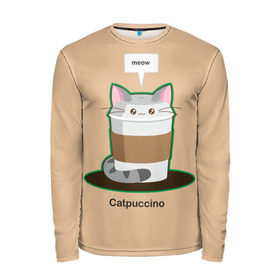 Мужской лонгслив 3D с принтом Catpuccino в Санкт-Петербурге, 100% полиэстер | длинные рукава, круглый вырез горловины, полуприлегающий силуэт | Тематика изображения на принте: capuccino | cat | catpuccino | meow | капуччино | кот | котпуччино | кофе | мяу | стакан