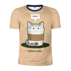 Мужская футболка 3D спортивная с принтом Catpuccino в Санкт-Петербурге, 100% полиэстер с улучшенными характеристиками | приталенный силуэт, круглая горловина, широкие плечи, сужается к линии бедра | Тематика изображения на принте: capuccino | cat | catpuccino | meow | капуччино | кот | котпуччино | кофе | мяу | стакан