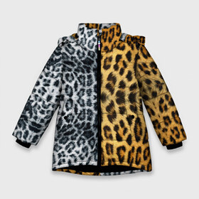 Зимняя куртка для девочек 3D с принтом Леопард Снежный Барс в Санкт-Петербурге, ткань верха — 100% полиэстер; подклад — 100% полиэстер, утеплитель — 100% полиэстер. | длина ниже бедра, удлиненная спинка, воротник стойка и отстегивающийся капюшон. Есть боковые карманы с листочкой на кнопках, утяжки по низу изделия и внутренний карман на молнии. 

Предусмотрены светоотражающий принт на спинке, радужный светоотражающий элемент на пуллере молнии и на резинке для утяжки. | Тематика изображения на принте: textures | барс | животное | леопард | пятна | снежный | текстура | чёрное с белым