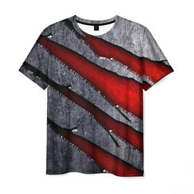Мужская футболка 3D с принтом Следы когтей на металле в Санкт-Петербурге, 100% полиэфир | прямой крой, круглый вырез горловины, длина до линии бедер | когти | красный | металл | серебристый | следы | текстура