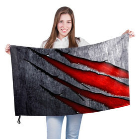 Флаг 3D с принтом Следы когтей на металле в Санкт-Петербурге, 100% полиэстер | плотность ткани — 95 г/м2, размер — 67 х 109 см. Принт наносится с одной стороны | когти | красный | металл | серебристый | следы | текстура