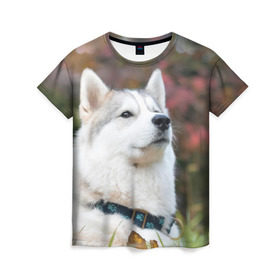 Женская футболка 3D с принтом Хаски в Санкт-Петербурге, 100% полиэфир ( синтетическое хлопкоподобное полотно) | прямой крой, круглый вырез горловины, длина до линии бедер | лайка | маламут | песик | песики | собака | собаки | хаски