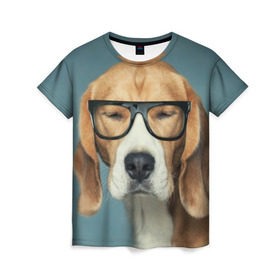 Женская футболка 3D с принтом Бигль в Санкт-Петербурге, 100% полиэфир ( синтетическое хлопкоподобное полотно) | прямой крой, круглый вырез горловины, длина до линии бедер | бигль | гончая | дворняжка | охотничья | песик | песики | собака | собаки