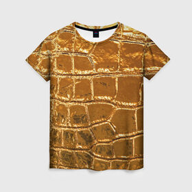 Женская футболка 3D с принтом Золотой Крокодил в Санкт-Петербурге, 100% полиэфир ( синтетическое хлопкоподобное полотно) | прямой крой, круглый вырез горловины, длина до линии бедер | gold | texture | глянец | золото | кожа | крокодил | текстура
