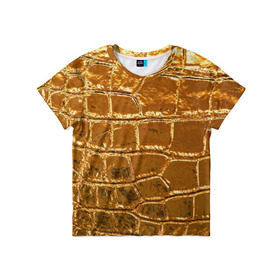 Детская футболка 3D с принтом Золотой Крокодил в Санкт-Петербурге, 100% гипоаллергенный полиэфир | прямой крой, круглый вырез горловины, длина до линии бедер, чуть спущенное плечо, ткань немного тянется | gold | texture | глянец | золото | кожа | крокодил | текстура