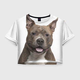 Женская футболка 3D укороченная с принтом Английский стафф в Санкт-Петербурге, 100% полиэстер | круглая горловина, длина футболки до линии талии, рукава с отворотами | песик | собака | стафф