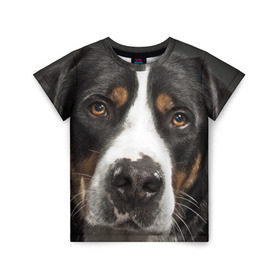 Детская футболка 3D с принтом Зенненхунд в Санкт-Петербурге, 100% гипоаллергенный полиэфир | прямой крой, круглый вырез горловины, длина до линии бедер, чуть спущенное плечо, ткань немного тянется | Тематика изображения на принте: большая собака | зенненхунд | пес | песик | сенбернар | собака | собаки