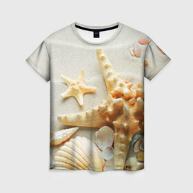 Женская футболка 3D с принтом Морской пляж 5 в Санкт-Петербурге, 100% полиэфир ( синтетическое хлопкоподобное полотно) | прямой крой, круглый вырез горловины, длина до линии бедер | море | морская звезда | песок | пляж | ракушки | туризм | турист