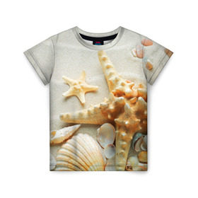 Детская футболка 3D с принтом Морской пляж 5 в Санкт-Петербурге, 100% гипоаллергенный полиэфир | прямой крой, круглый вырез горловины, длина до линии бедер, чуть спущенное плечо, ткань немного тянется | Тематика изображения на принте: море | морская звезда | песок | пляж | ракушки | туризм | турист
