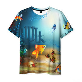 Мужская футболка 3D с принтом Золотая рыбка в Санкт-Петербурге, 100% полиэфир | прямой крой, круглый вырез горловины, длина до линии бедер | вода | водоросли | море | подводный мир | природа | рыба | рыбка | туризм