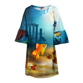 Детское платье 3D с принтом Золотая рыбка в Санкт-Петербурге, 100% полиэстер | прямой силуэт, чуть расширенный к низу. Круглая горловина, на рукавах — воланы | вода | водоросли | море | подводный мир | природа | рыба | рыбка | туризм