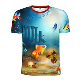 Мужская футболка 3D спортивная с принтом Золотая рыбка в Санкт-Петербурге, 100% полиэстер с улучшенными характеристиками | приталенный силуэт, круглая горловина, широкие плечи, сужается к линии бедра | вода | водоросли | море | подводный мир | природа | рыба | рыбка | туризм
