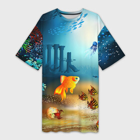 Платье-футболка 3D с принтом Золотая рыбка в Санкт-Петербурге,  |  | вода | водоросли | море | подводный мир | природа | рыба | рыбка | туризм