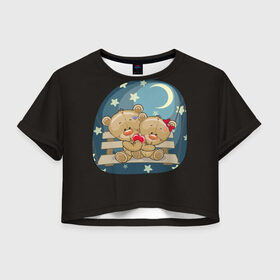 Женская футболка 3D укороченная с принтом Ночь любви в Санкт-Петербурге, 100% полиэстер | круглая горловина, длина футболки до линии талии, рукава с отворотами | верность | зайчик | котенок | любовь | милые | мишка | нежность | новинки | романтик | сердце