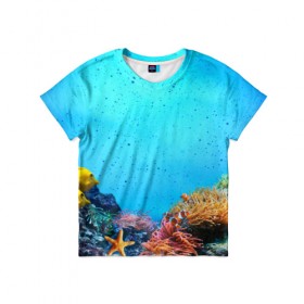 Детская футболка 3D с принтом рыбки в Санкт-Петербурге, 100% гипоаллергенный полиэфир | прямой крой, круглый вырез горловины, длина до линии бедер, чуть спущенное плечо, ткань немного тянется | дно | лазурь | море | океан | синий | яркий