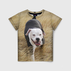 Детская футболка 3D с принтом Пит-буль на траве в Санкт-Петербурге, 100% гипоаллергенный полиэфир | прямой крой, круглый вырез горловины, длина до линии бедер, чуть спущенное плечо, ткань немного тянется | амстафф | буль | пес | песик | питбули | питбуль | собака | собаки | стафф | терьер