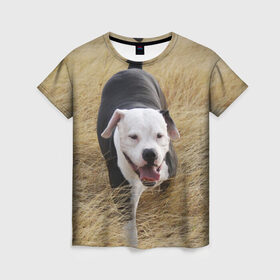 Женская футболка 3D с принтом Пит-буль на траве в Санкт-Петербурге, 100% полиэфир ( синтетическое хлопкоподобное полотно) | прямой крой, круглый вырез горловины, длина до линии бедер | амстафф | буль | пес | песик | питбули | питбуль | собака | собаки | стафф | терьер