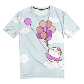 Мужская футболка 3D с принтом Кролик и шарики в Санкт-Петербурге, 100% полиэфир | прямой крой, круглый вырез горловины, длина до линии бедер | Тематика изображения на принте: воздушные шарики | зайчик | кавай | кролик | моланг | небо