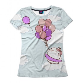 Женская футболка 3D с принтом Кролик и шарики в Санкт-Петербурге, 100% полиэфир ( синтетическое хлопкоподобное полотно) | прямой крой, круглый вырез горловины, длина до линии бедер | воздушные шарики | зайчик | кавай | кролик | моланг | небо