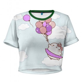 Женская футболка 3D укороченная с принтом Кролик и шарики в Санкт-Петербурге, 100% полиэстер | круглая горловина, длина футболки до линии талии, рукава с отворотами | воздушные шарики | зайчик | кавай | кролик | моланг | небо