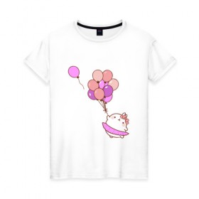 Женская футболка хлопок с принтом Кролик и шарики в Санкт-Петербурге, 100% хлопок | прямой крой, круглый вырез горловины, длина до линии бедер, слегка спущенное плечо | 