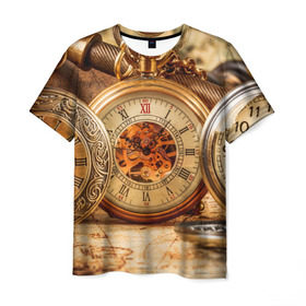 Мужская футболка 3D с принтом Часы в Санкт-Петербурге, 100% полиэфир | прямой крой, круглый вырез горловины, длина до линии бедер | золото | карманные часы | старина | часы