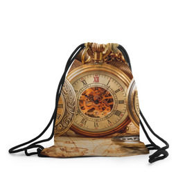 Рюкзак-мешок 3D с принтом Часы в Санкт-Петербурге, 100% полиэстер | плотность ткани — 200 г/м2, размер — 35 х 45 см; лямки — толстые шнурки, застежка на шнуровке, без карманов и подкладки | золото | карманные часы | старина | часы