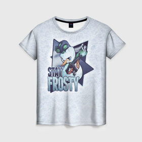 Женская футболка 3D с принтом Stay Frosty в Санкт-Петербурге, 100% полиэфир ( синтетическое хлопкоподобное полотно) | прямой крой, круглый вырез горловины, длина до линии бедер | community stickers | counter strike | cs | cs go | будь начеку | снеговик